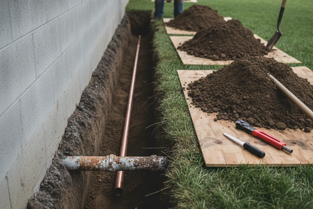 Excavated water line trench during Water Heater Repair in Twin Bridges